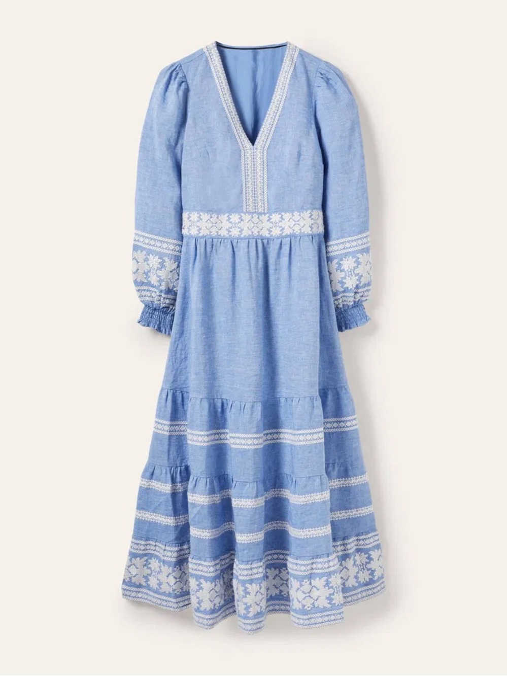 Boden Blue Linen Embroidered V-Neck Midi Dress - Picture 3 of 10